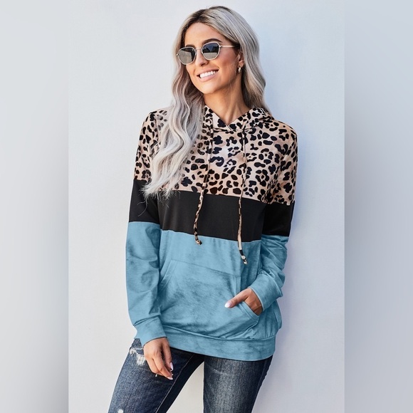 Leopard Print Hoodie - Contrast Color Block - Drawstring - Kangaroo Pockets - Picture 1 of 4